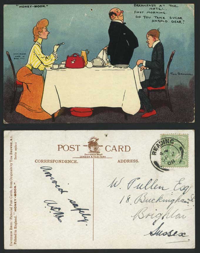 TOM BROWNE 1908 Old Postcard Breakfast Hotel Honey-Moon