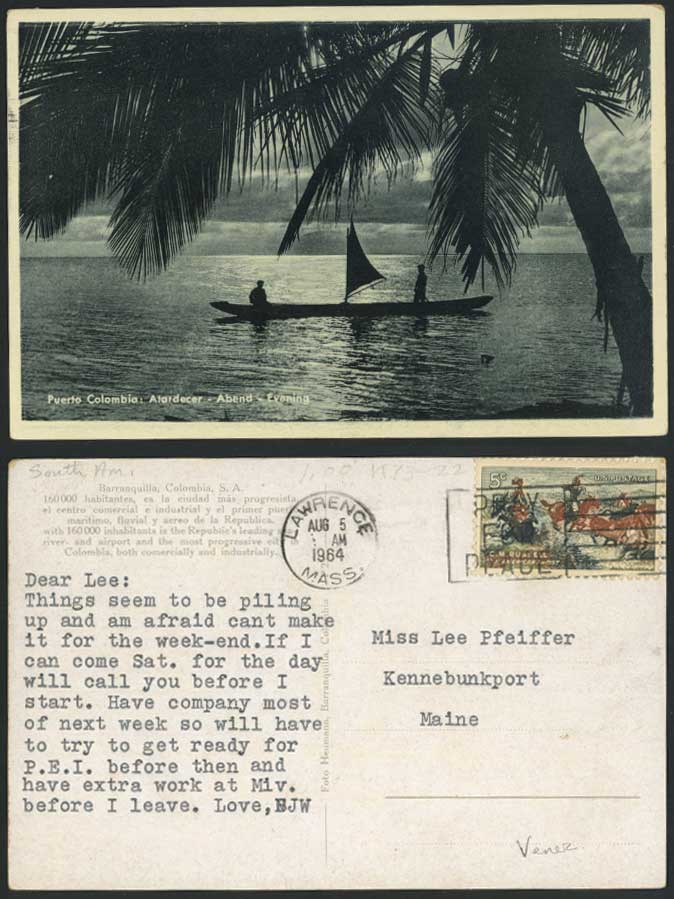Colombia Puerto Colombia Evening Barranquilla 5c. 1964 Old Postcard Sailing Boat