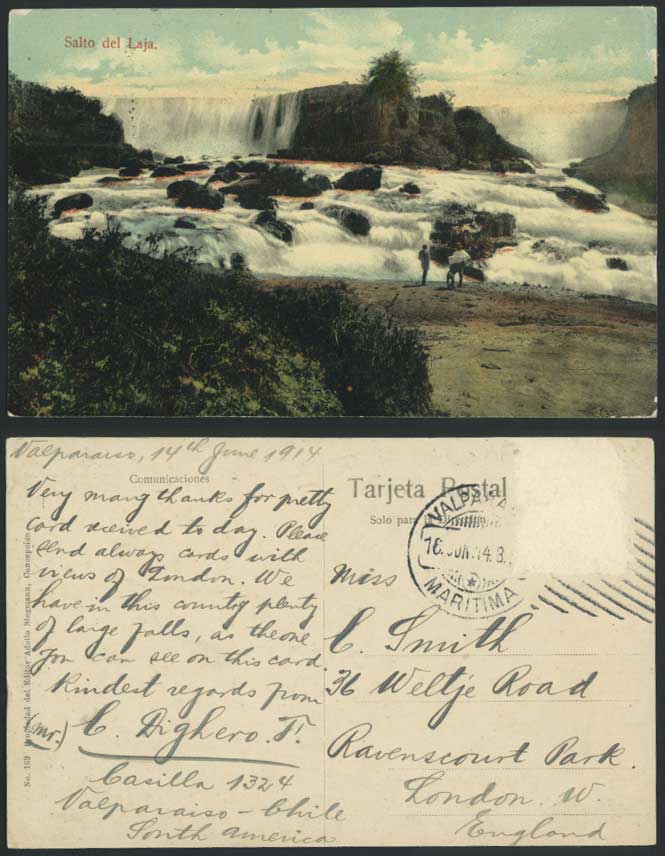 Chile 1914 Old Colour Postcard Salto Del Laja - Waterfalls Cascades Falls, Rocks