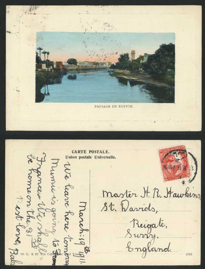 EGYPT Paysage en Egypte Canal River Scene 1911 Old Hand Tinted Colour Postcard