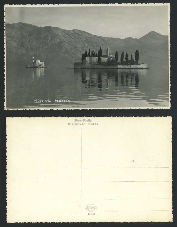 Montenegro Otoci Kod Perasta Yugoslavia Old Real Photo Postcard Lake Island Mts.