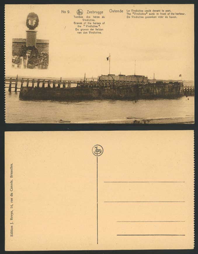Belgium Old Postcard Zeebrugge Ostende Heroes Graves & Vindictive Ship Shipwreck