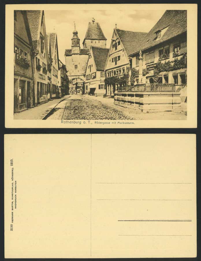 Germany ROTHENBURG o.T. Roedergasse mit Markusturm Clock Tower Gate Old Postcard