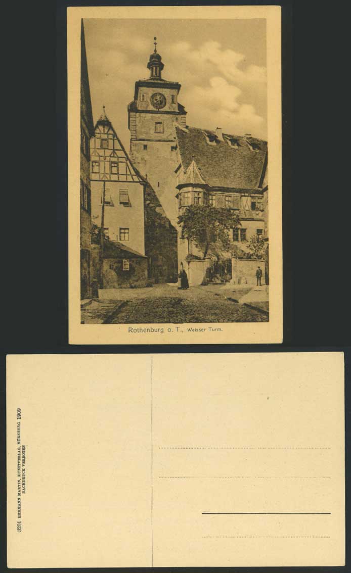 Germany ROTHENBURG o T TAUBER Weisser Turm White Tower Street Scene Old Postcard