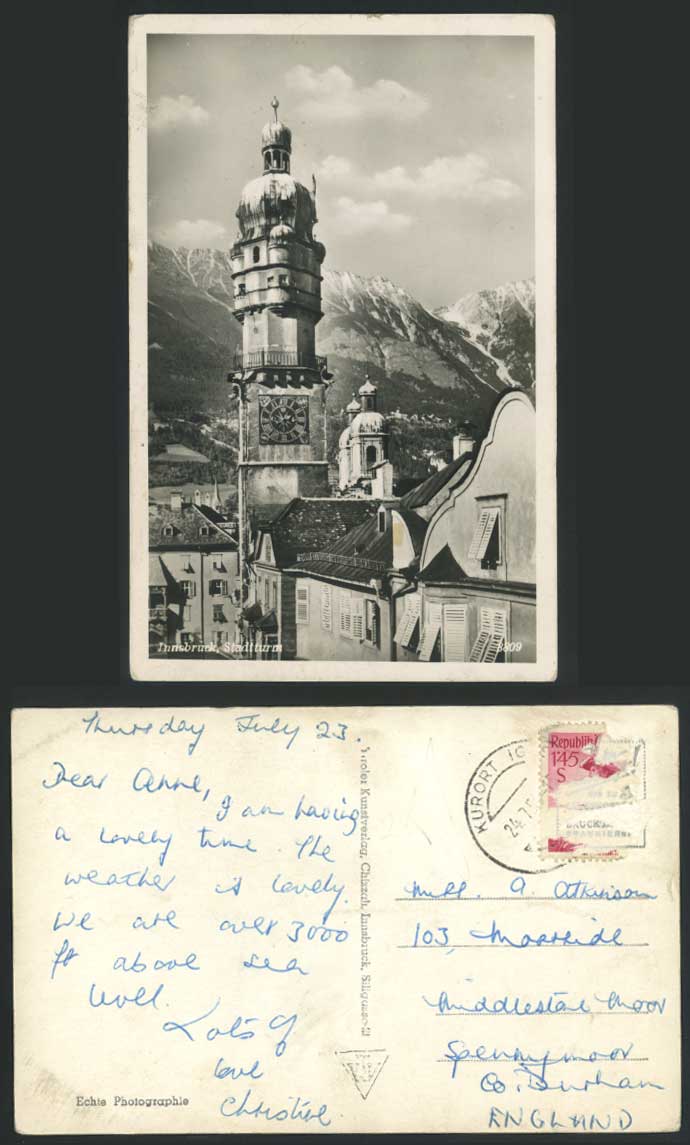 Austria Innsbruck Stadturm City Clock Tower Snowy Mountains 1950 Old RP Postcard