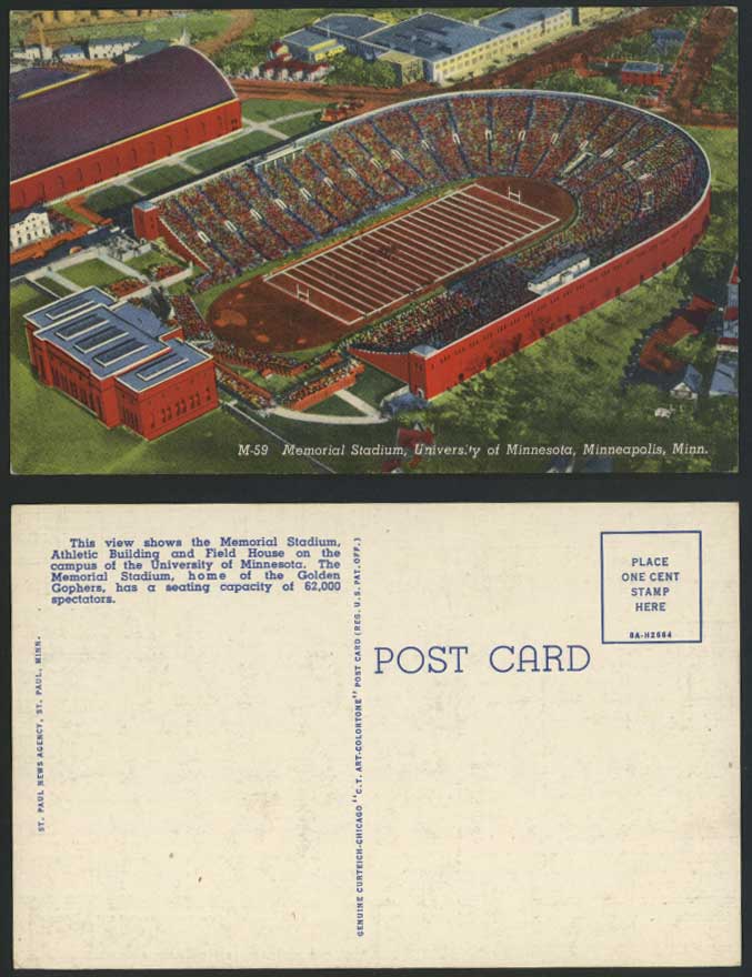 USA Old Postcard Memorial Stadium University of Minnesota Minneapolis Minn Sport