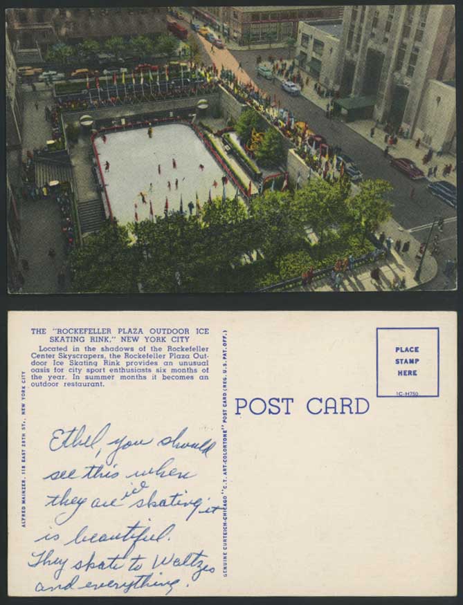 USA Old Postcard Rockefeller Plaza Outdoor Ice Skating Rink New York City Street