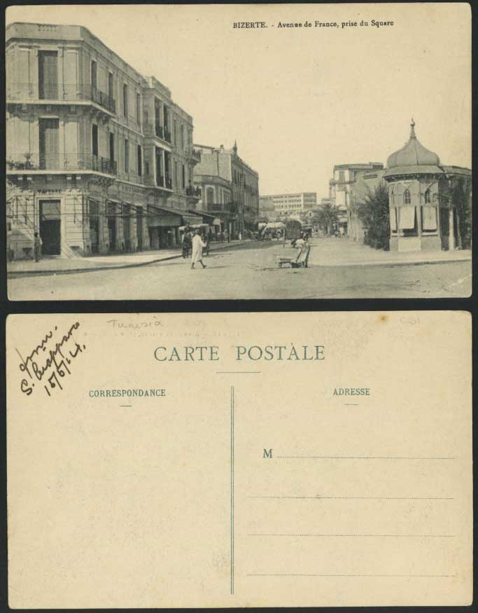 Tunisia 1914 Old Postcard BIZERTE Avenue de France prise du Square Street Tavern