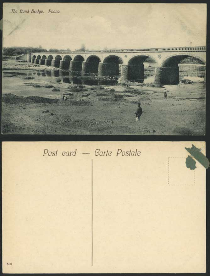 India British Indian Old Postcard The Bund Bridge POONA Maharashtra, River Scene