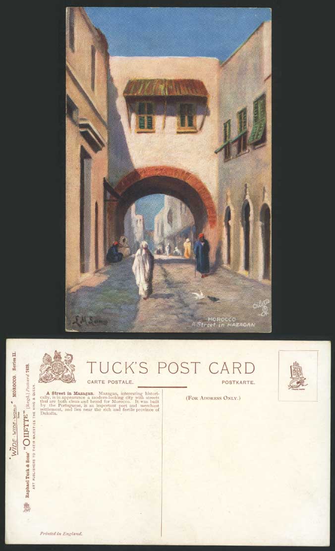 Morocco A Street in Mazagan, L.M. Long Artist Signed Tuck's Oilette Old Postcard