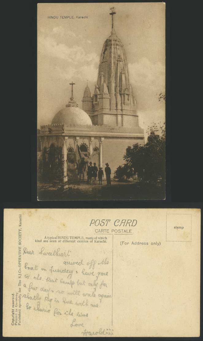 Pakistan Old Postcard Karachi a Typical Hindu Temple, Cross, Group of Men & Boys