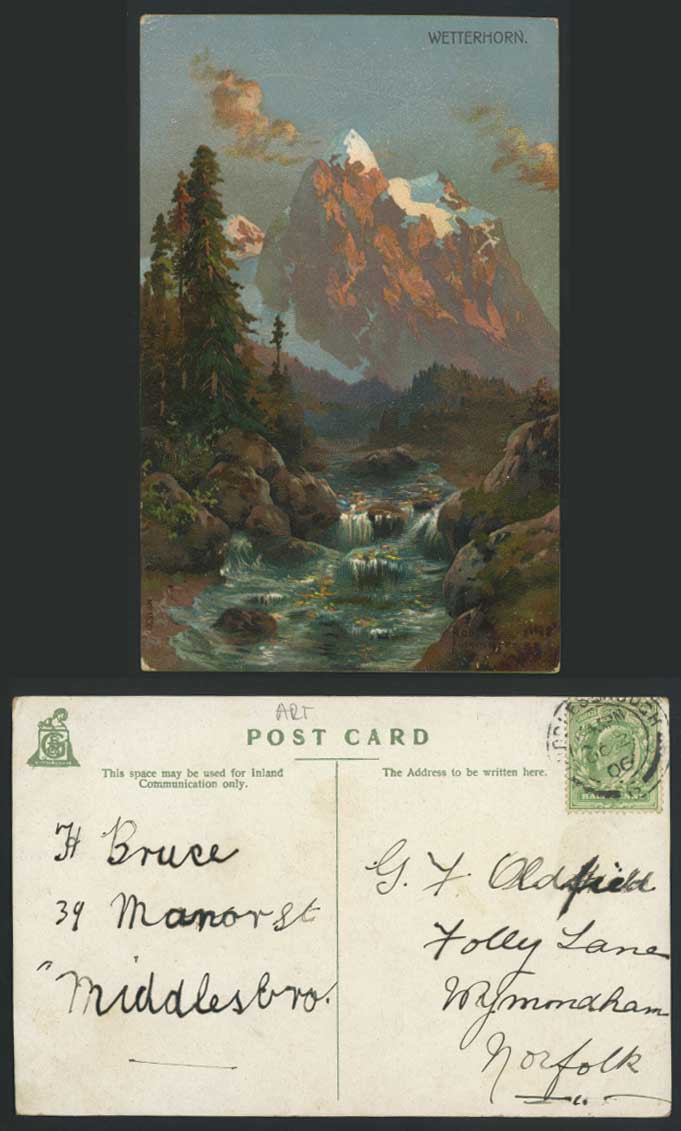 Switzerland Wetterhorn 1906 Old Postcard Art Artist Drawn River Scene Mountains
