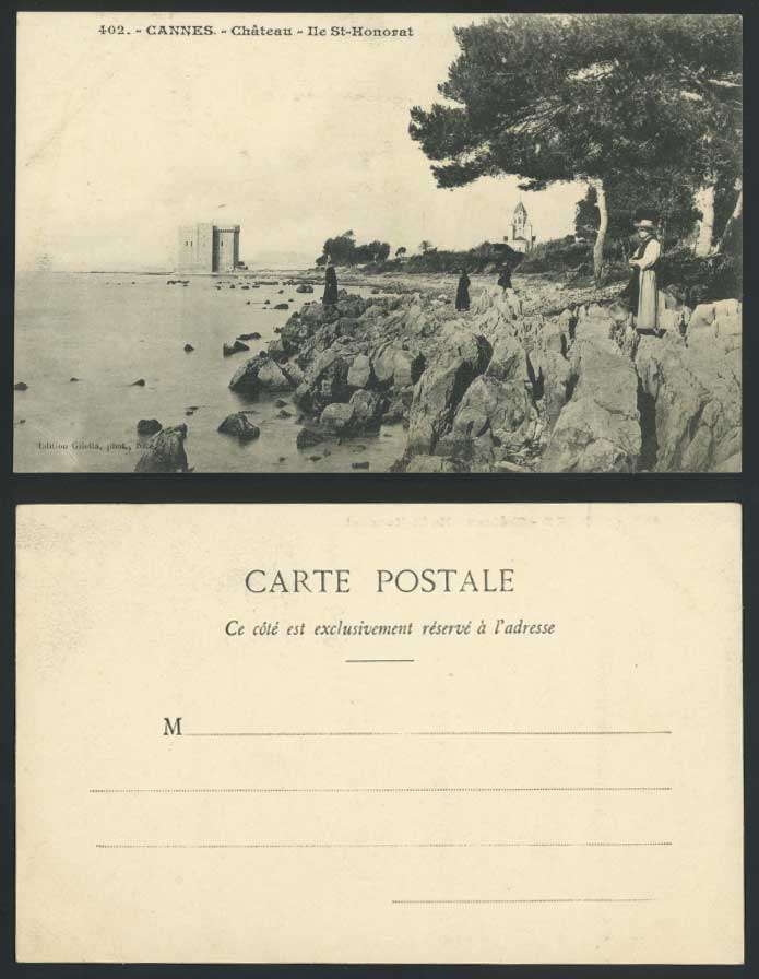 France Cannes Chateau Castle Ile St-Honorat, Rocks Seaside Men Old U.B. Postcard
