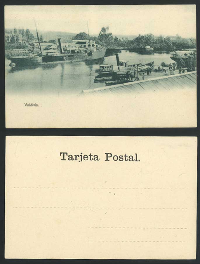 Chile Old U.B. Postcard VALDIVIA River Wharf Steamboats