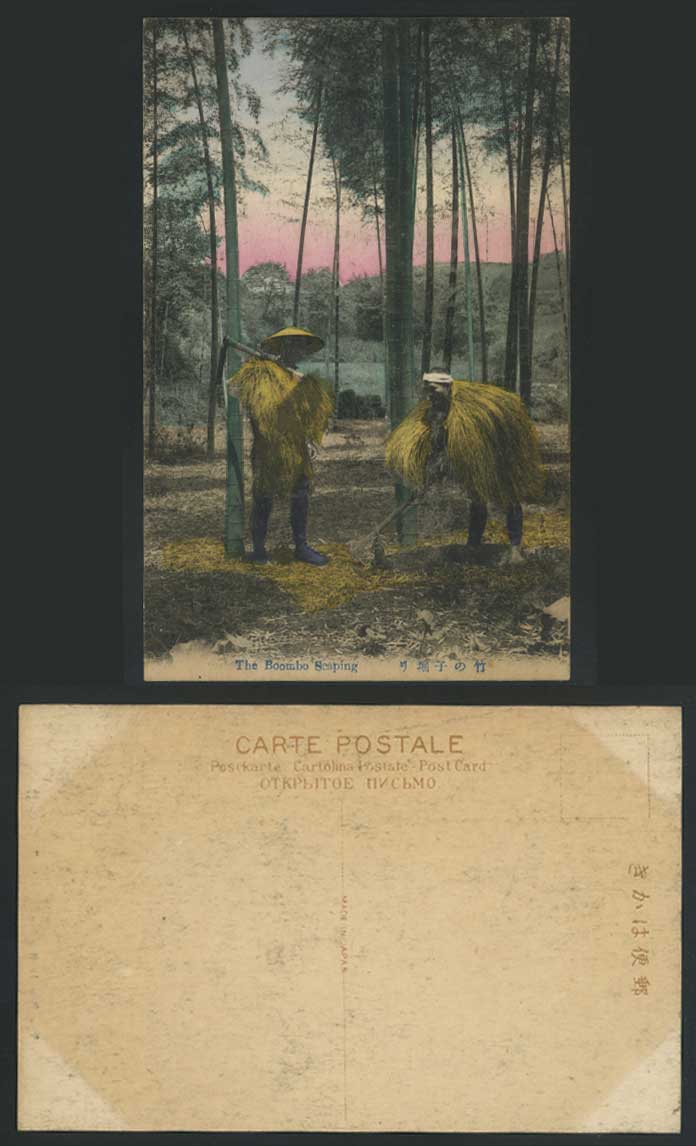 Japan Old Hand Tinted Postcard Bamboo Scaping, Raincoat