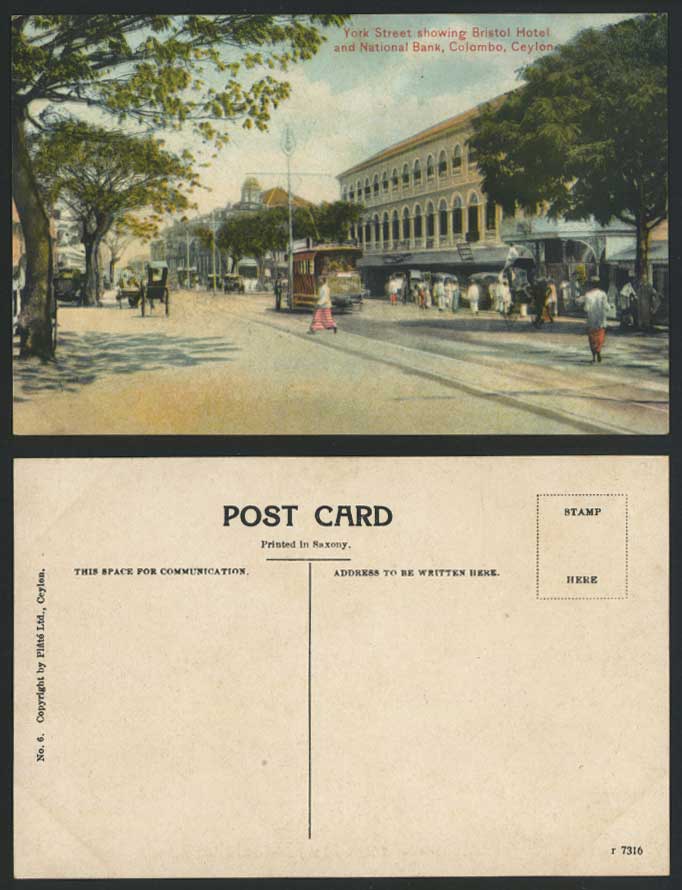 Ceylon Old Colour Postcard YORK STREET & BRISTOL HOTEL Colombo Street Scene