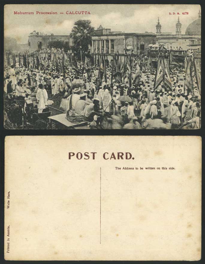 India Old Postcard Mohurrum Procession Flags Calcutta Ethnic Life British Indian