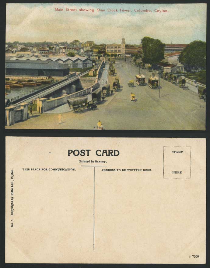 Ceylon Old Postcard Main Street Khan Clock Tower Colombo