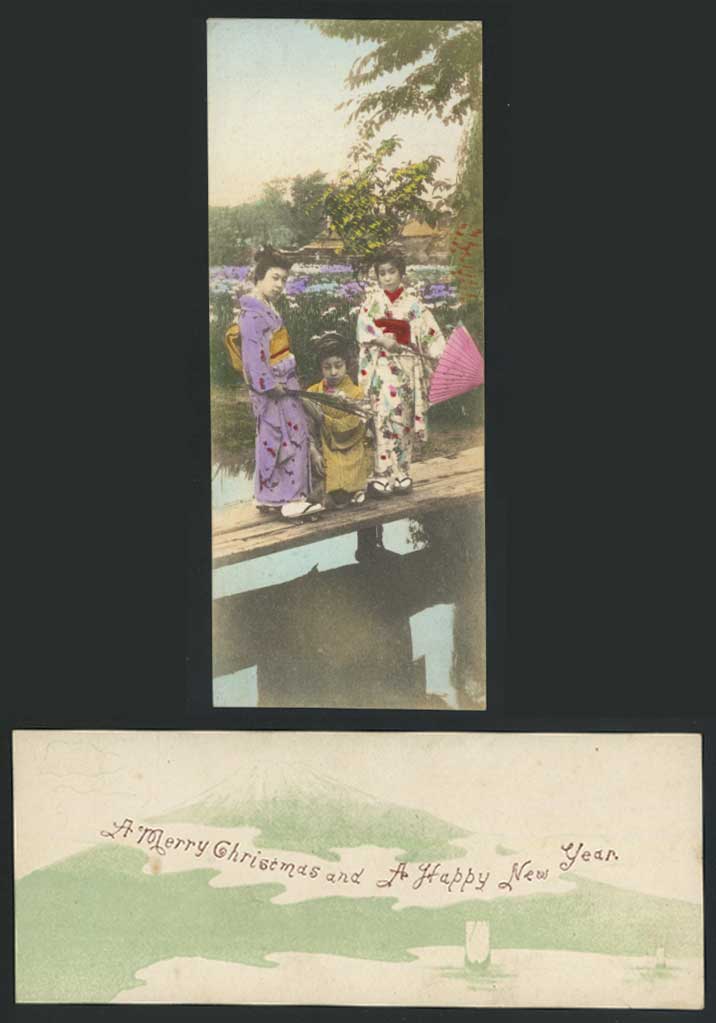 Japan Old Hand Tinted Card Geisha Girls on Bridge, Iris