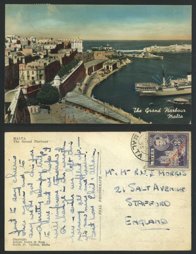 Malta Self-Government Overprint in Red on KG6 3d 1955 Old Postcard GRAND HARBOUR