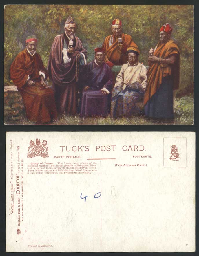 TIBET China Old Tuck's Oilette Postcard 6 NATIVE TIBETAN LAMAS Ethnic Life