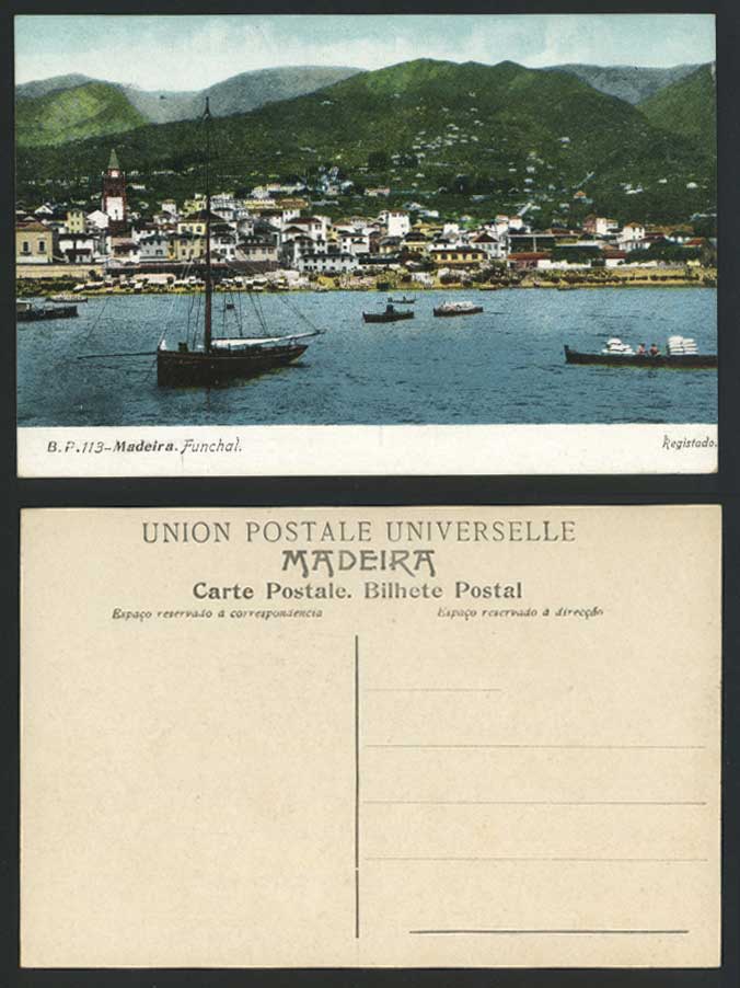 Portugal Madeira Old Colour Postcard FUNCHAL Harbour Boats Panorama General View