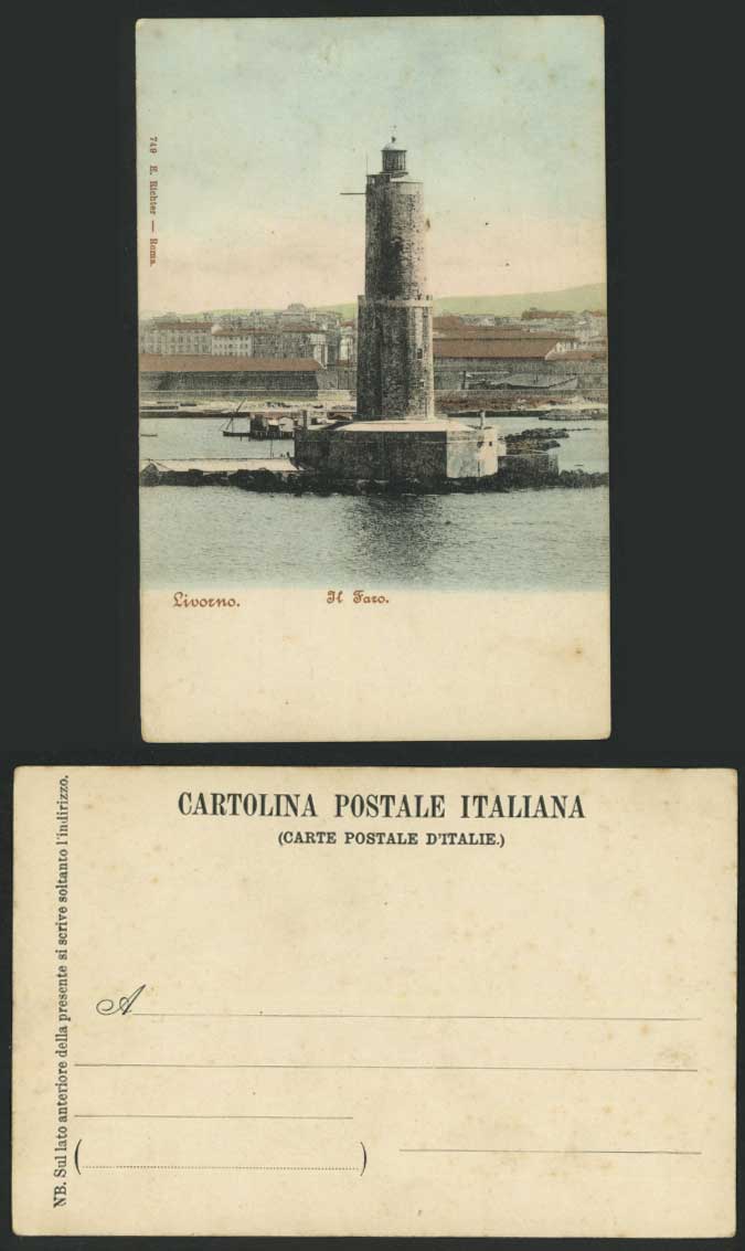 Italy Livorno Old Tinted Postcard Faro Phare Lighthouse