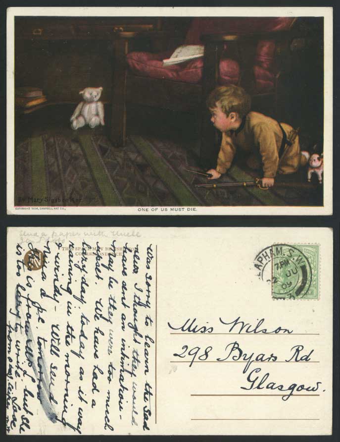 Mary Sigsbee Ker, TEDDY BEAR One Must Die 1909 Old Art Artist Drawn Postcard