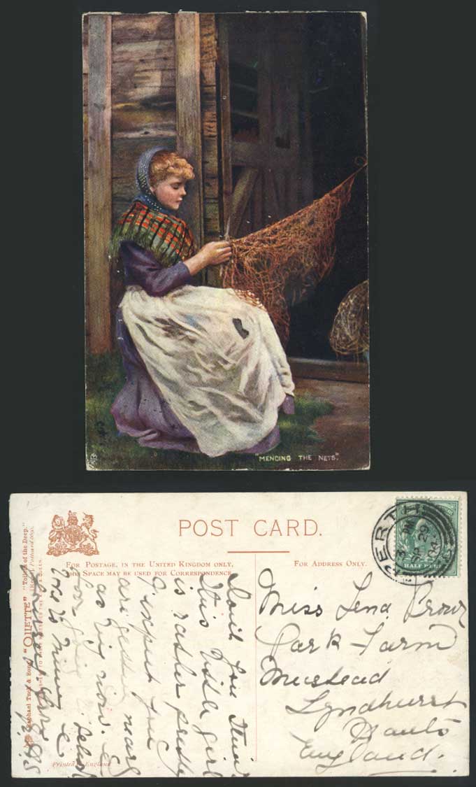 Lady Mending The Nets Fishing - Tuck's Oilette Toilers of the Deep 1904 Postcard