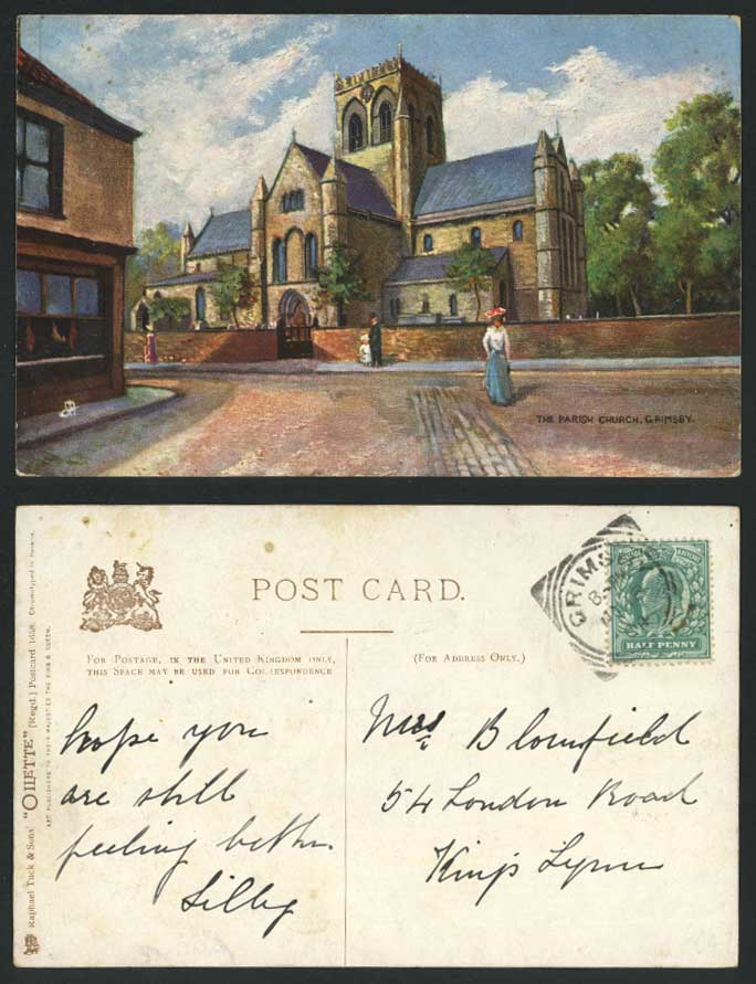 Grimsby The Parish Church Street Scene Tuck's Oilette 1904 Old Postcard