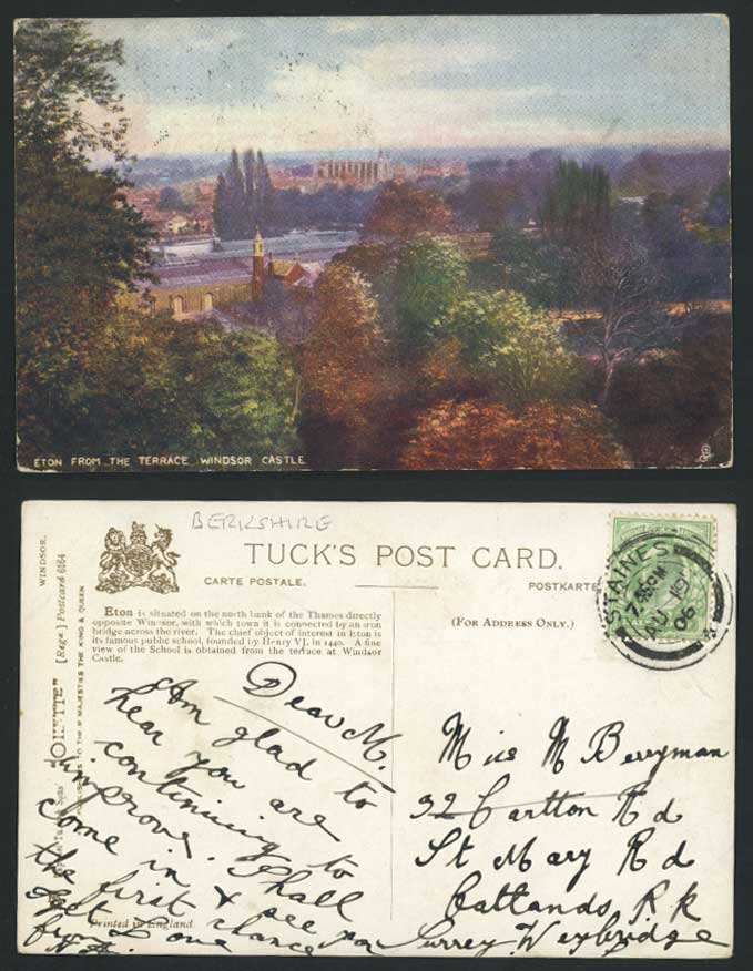 WINDSOR CASTLE, ETON from THE TERRACE 1906 Old Tuck's Oilette Postcard Berkshire
