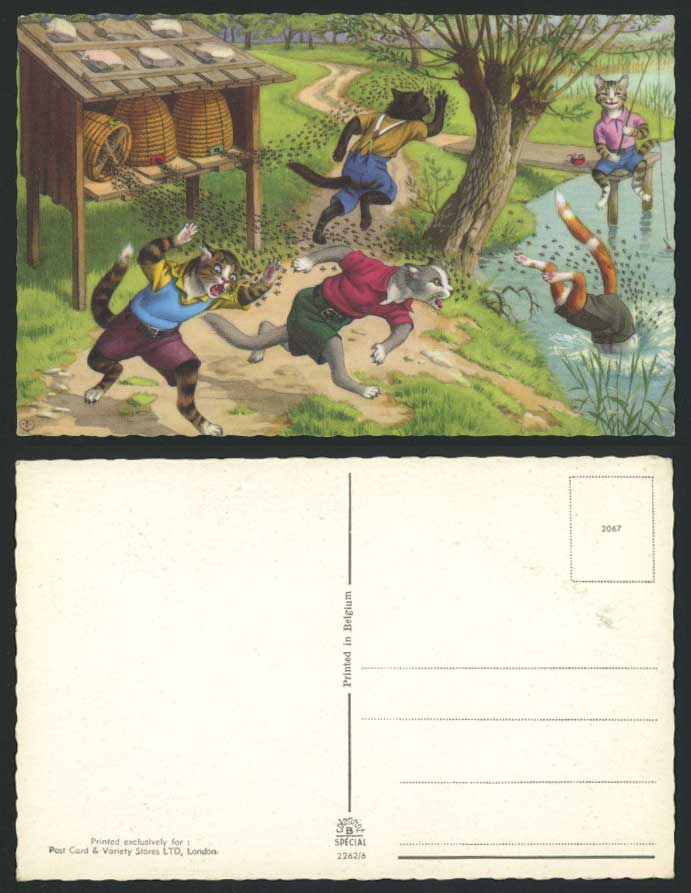 Eugen Hartung Artist Dressed Cats Fishing Angling Beehive Bee River Old Postcard