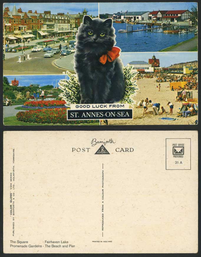 St. Annes-on-Sea Good Luck BLACK CAT Old Postcard Square, Fairhaven Lake & Beach