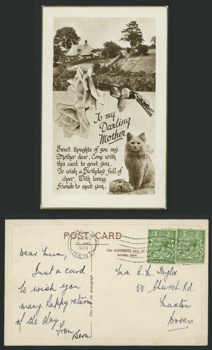 Cat, Roses Rose Flowers, Thatched Cottage To My Darling Mother 1928 Old Postcard