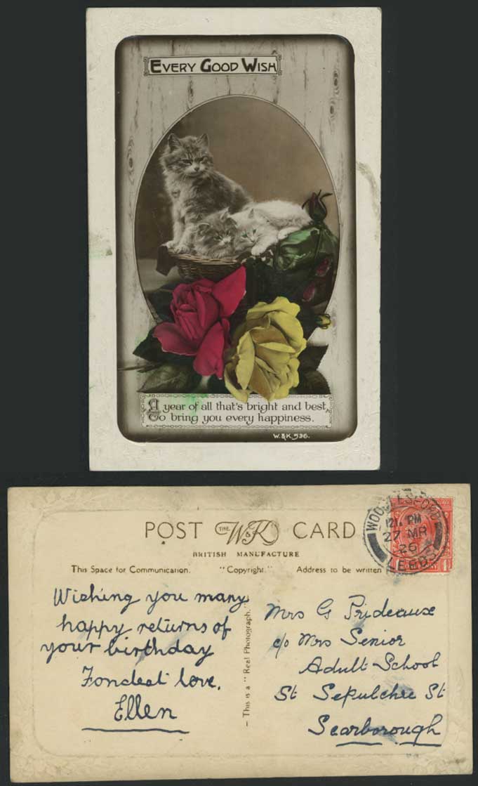 Cats Kittens, Roses Rose Flowers Every Good Wish 1926 Old Embossed Postcard Pets