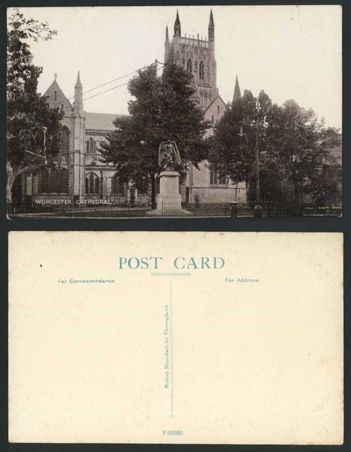 Worcester Cathedral & Angel Statue Monument Memorial Worcestershire Old Postcard