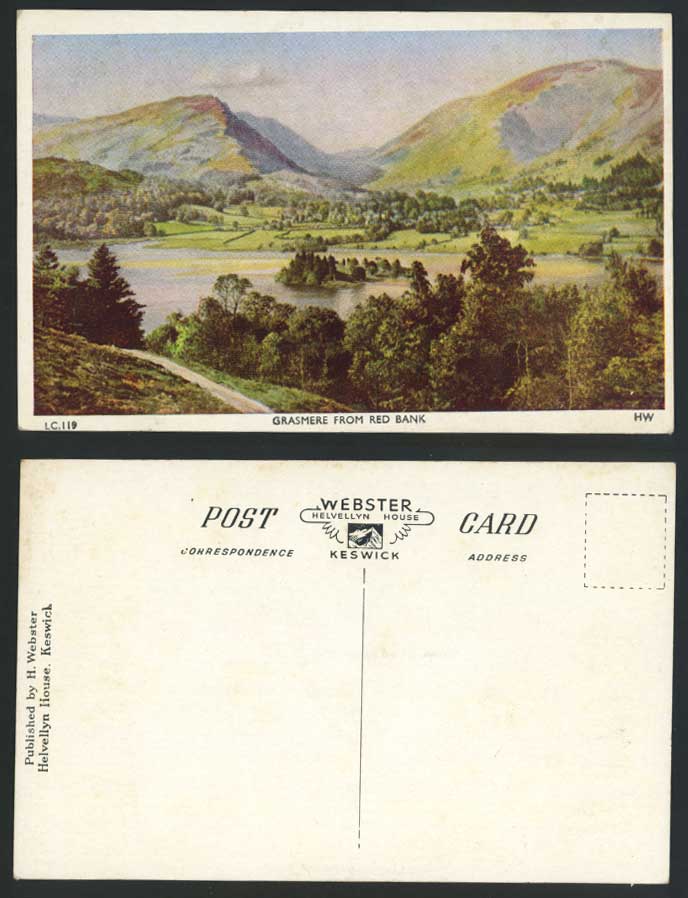 GRASMERE from RED BANK Old Artist Drawn Colour Postcard Lake District, Mountains
