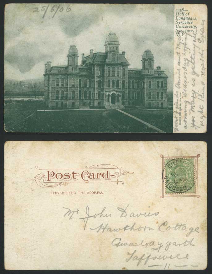 USA 1906 Old Postcard Hall of Languages Syracus University Syracus N.Y. New York