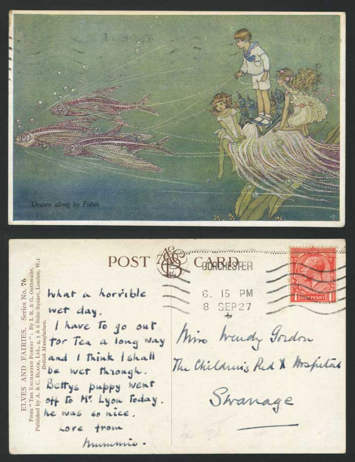 IR & G OUTHWAITE 1927 Old ART Postcard ELVES FAIRIES Drawn Along by Fishes, Fish