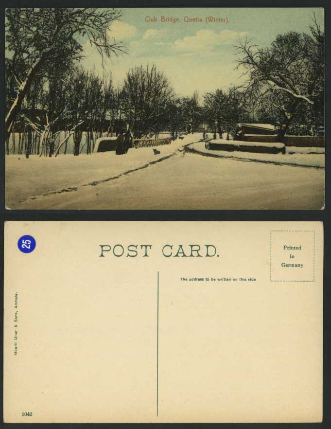 Pakistan British India Old Colour Postcard QUETTA Winter CLUB BRIDGE Snowy Scene