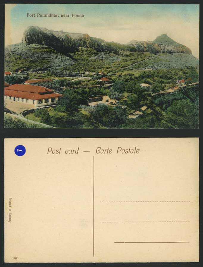 India British Old Hand Tinted Colour Postcard Fortress FORT PURANDHAR near POONA
