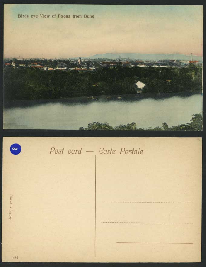 India British Old Hand Tinted Colour Postcard Birds' Eye View of POONA from BUND