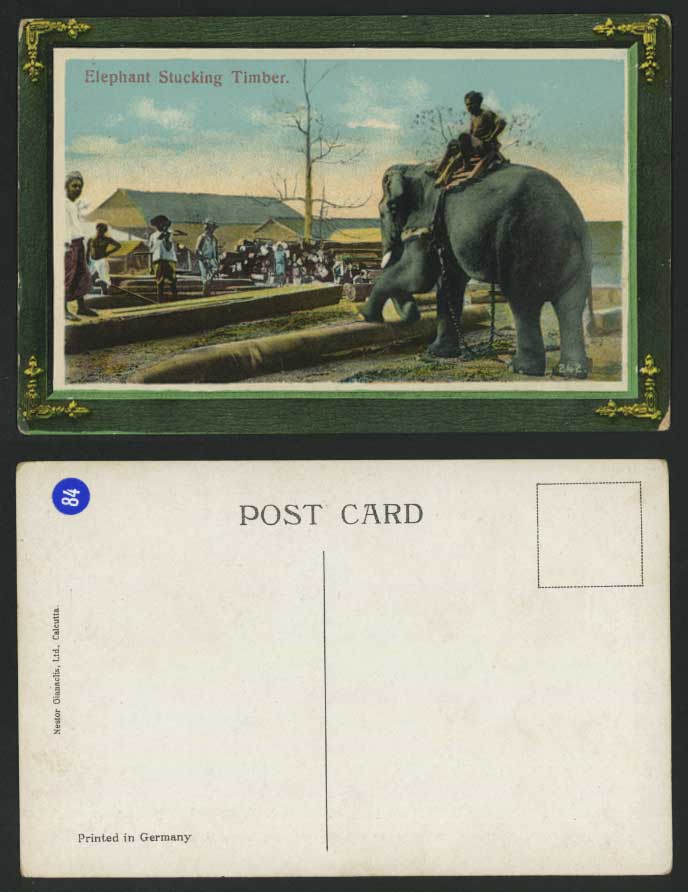 India British Indian Old Colour Postcard Native Worker, Elephant Stucking Timber