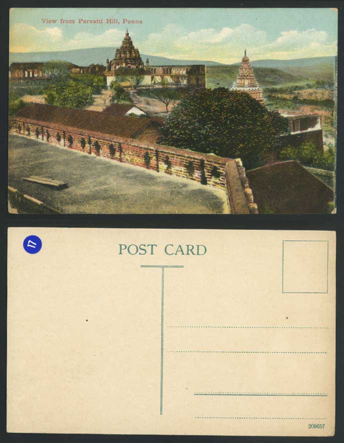India British Old Colour Postcard View from Parvatti Hill Poona, Pagodas Temples