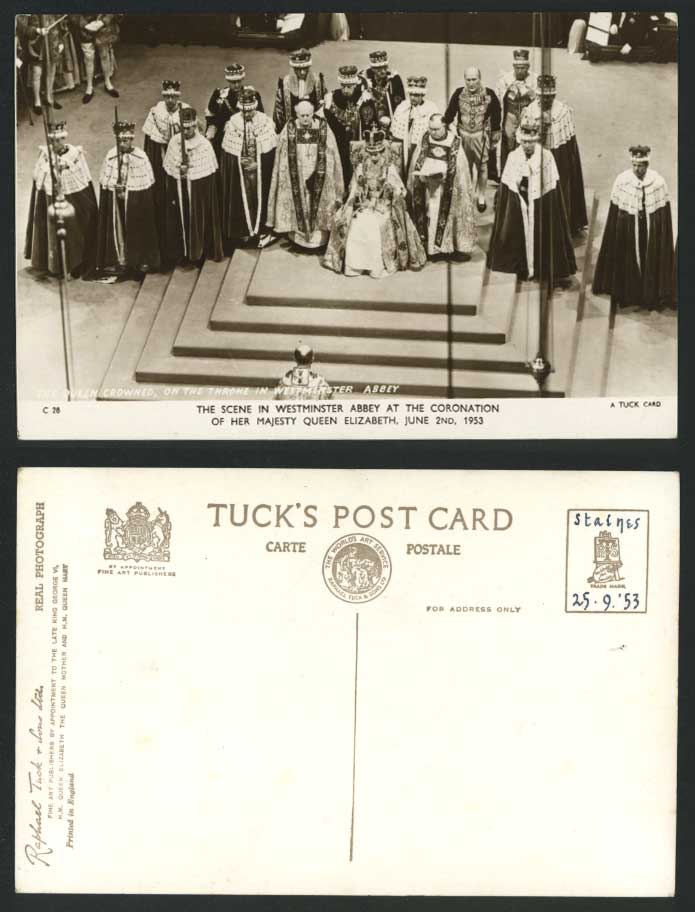 The Queen Crowned On The Throne in Westminster Abbey Coronation Old Postcard QE2