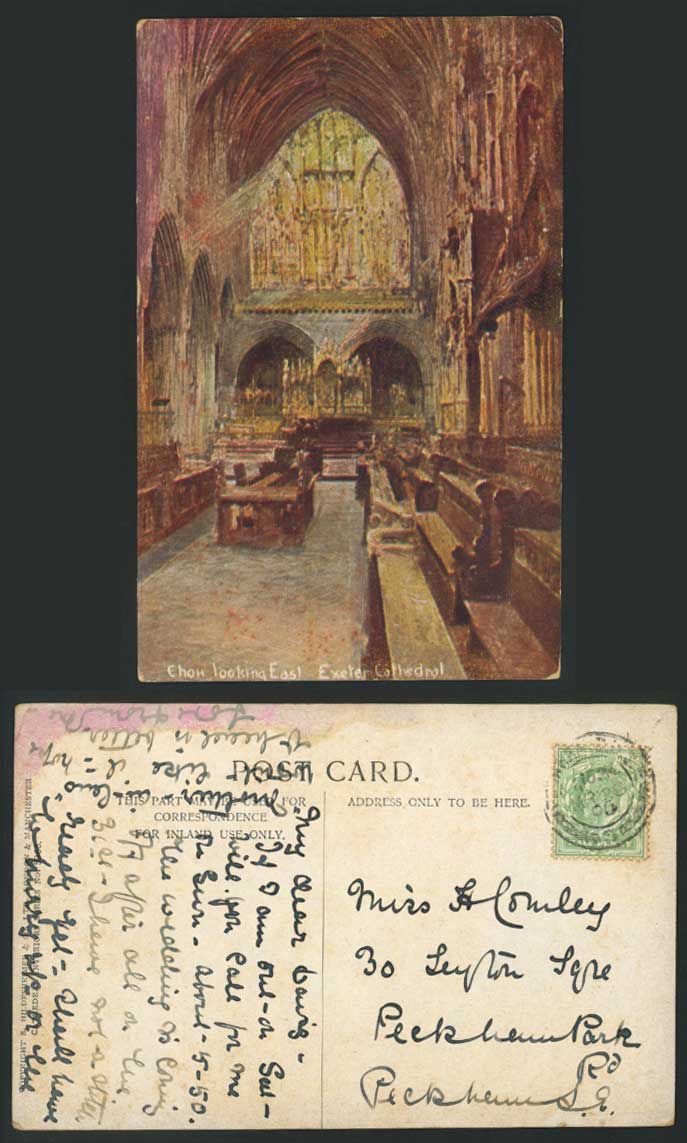 Exeter Cathedral Interior, Choir Looking East, Devon Art Drawn 1906 Old Postcard