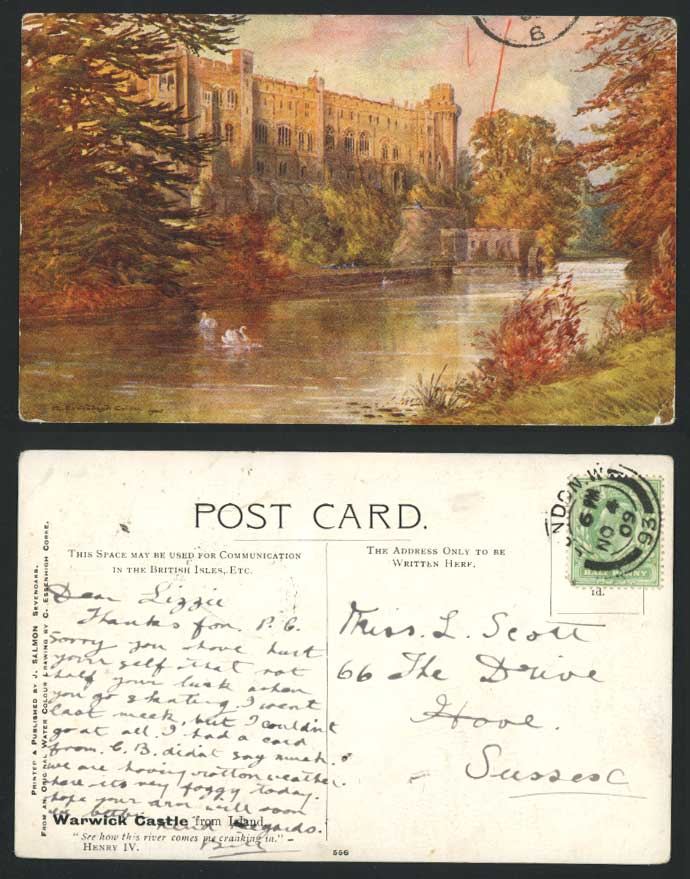 Warwick Castle from Island Swans Birds, C. Essenhigh Corke 1909 Old ART Postcard