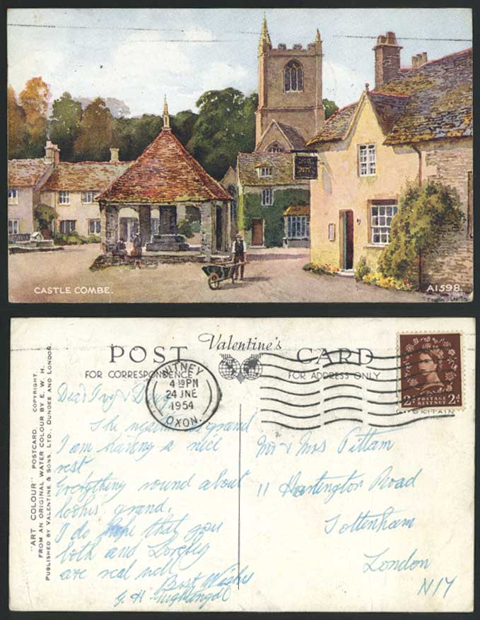 CASTLE COMBE, Church, Street, Wiltshire Artist Drawn by E.W.H. 1954 Old Postcard