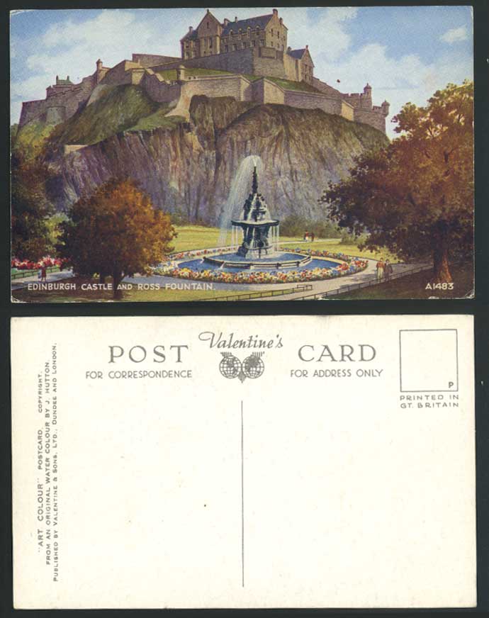 Edinburgh Castle Rock and Ross Fountain, J. Hutton Artist Drawn Old ART Postcard