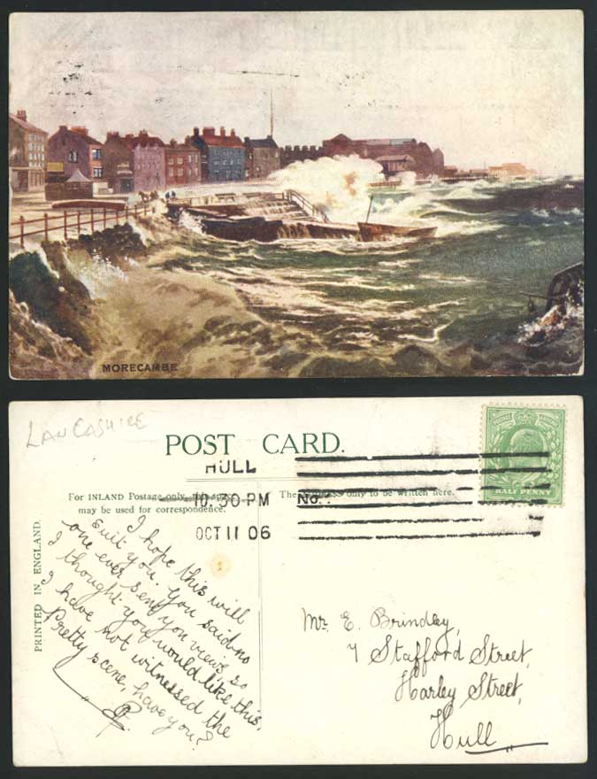 MORECAMBE - ROUGH SEA Storm Lancashire Art Artist Drawn 1906 Old Colour Postcard